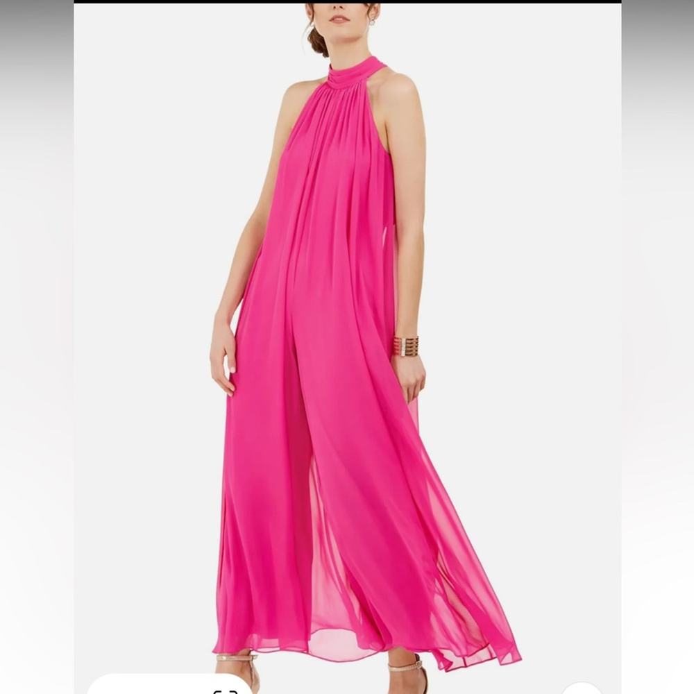Vince Camuto NWT Halter pleated lined Jumpsuit in a Pomegranate Pink color
